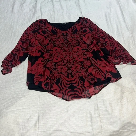 **$8 FINAL SALE** Roz & Ali Red Black Rhinestone 3/4 Sleeve Blouse Petite Large - Picture 1 of 6